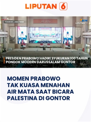 Presiden Prabowo Subianto menangis saat menyampaikan sambutan dalam Resepsi Kesyukuran 100 Tahun Pondok Modern Darussalam Gontor, Ponorogo, Jawa Timur, Sabtu (19/9/2026). Prabowo menghentikan pidatonya dan mengusap air mata setelah mengaku teringat penderitaan warga Palestina. Dalam kesempatan tersebut, Prabowo menyebut kondisi warga Palestina yang terus menghadapi serangan. Ia kemudian mengajak para kiai, ulama, dan pendidik untuk ikut membangun bangsa Indonesia yang kuat. Prabowo juga menginga