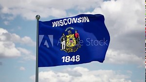 Wisconsin state waving flag. USA Close up American WI flag flutters in the wind. Cloudy sky background. Realistic 3d render cgi.