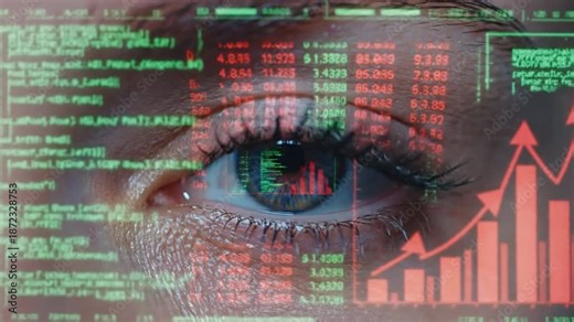 Close-up of a human eye with financial data and graphs overlay.