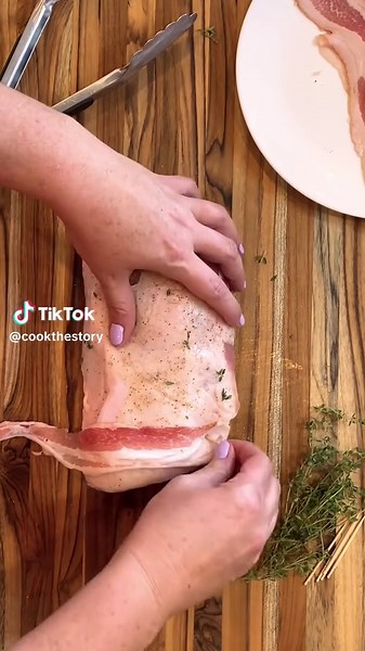 Bacon-Wrapped Pork Loin - Dinner Tonight! It's so good.🔥 The full recipe is below, or see the link in my bio. Ingredients: 3–5 lb. pork loin roast 1/2 tsp. salt 1/2 tsp. black pepper 1/2 lb. bacon Roasting pan OR 3 celery ribs for cooking Instructions: Preheat oven to 350°F. Season pork roast all over with salt and pepper. Lay one piece of the bacon down under one end of the pork. Secure it with a toothpick, and wrap the bacon around the pork. Place the end of anther piece of bacon on top of th