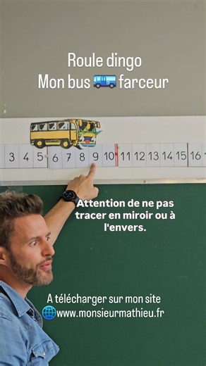 Un petit jeu de tableau pour CP Ce1 qui fonctionne toujours très bien. ROULEDINGO 🚌 Notre bus farceur À placer sur la file des nombres il masque 5 nombres que les élèves doivent réécrire sur l'ardoise. On vérifie ainsi: ✔️la connaissance orale et écrite de la suite des nombres ✔️la latéralisation et le tracé des chiffres ✔️la production de suites de nombres À télécharger sur mon site 🌐www.monsieurmathieu.fr Ou en tapant "Rouledingo" dans un moteur de recherche! Enjoy! #monsieurmathieu #rouledi