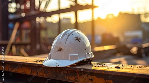 A white construction helmet sits atop a rusted beam, illuminated by the sunset