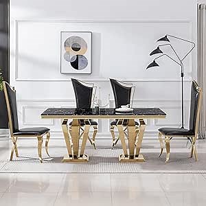 Marble Dining Table Set for 4, Kitchen Table Chairs Set of 4, 5 Piece Dining Room Table Set with 70" Black Faux Marble Dining Table & 4 Black Leather Upholstered Chairs for Dining Room Kitchen