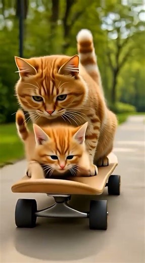Two cats Riding a Skateboard Together, Smooth and Adorable