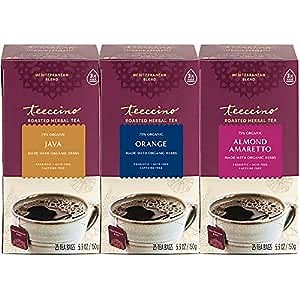 Teeccino Java, Orange, Almond Amaretto Herbal Tea Variety Pack - Roasted Herbal Tea That’s Caffeine Free & Prebiotic for Natural Energy, 25 Tea Bags (Pack of 3)