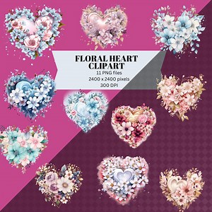 Floral Heart Clipart,transparent Floral Heart,digital Illustrations Png,flower Heart Clipart,valentine Illustrations,love Heart Clipart - Etsy