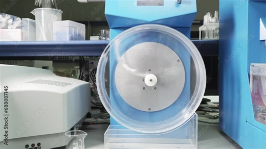 Medical Research Laboratory. A Centrifuge filled with many Pills is Slowly Rotating for mixing. The Camera is Slowly Closing Up on the Equipment. Pill`s Test Control using Medical Laboratory Equipment