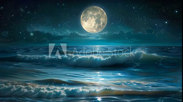 Radiant full moon illuminating dynamic ocean waves under a vast starry night sky and clouds 4K Video