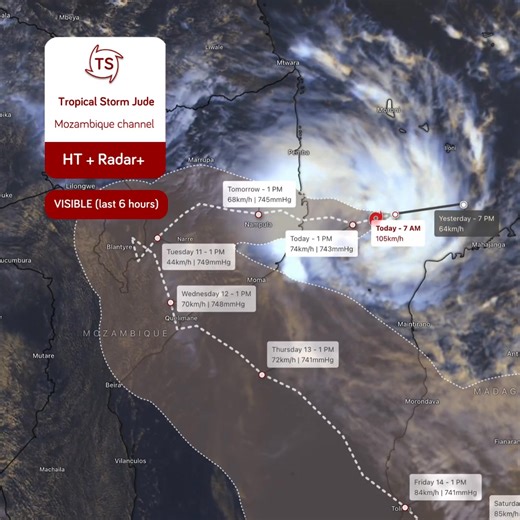 🇲🇿 A TROPICAL CYCLONE IN THE MOZAMBIQUE CHANNEL 🌀Tropical #stormjude has formed in the South-West Indian Ocean. According to reports, Météo-France began monitoring a disturbance south of the Chagos Islands on March 6, which was upgraded to a depression on March 7. 🇲🇿 Currently, Jude is located in the Mozambique Channel, and its trajectory suggests it may approach the coast of Mozambique. 🌀 Storm is strengthening as it nears, with wind speeds reaching 100 km/h and heavy rainfall. Coastal re