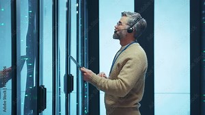 Mature bearded IT administrator using digital tablet for maintenance programs networking on server cabinet racks in computer security data center.