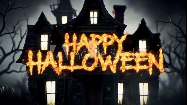 A cinematic animation of a haunted house with glowing windows, fog effects, and cinematic lighting. Camera zooms in as "Happy Halloween" text appears in fiery particles, creating a spooky and festive Stock Video