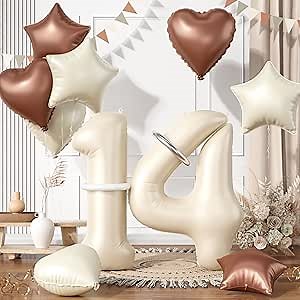 14 Cream White Balloons, 14 Number Balloons Set, Beige Number 14 Balloons, Brown Sand White Foil Star Heart Balloon With Long Balloon For 14th Birthday Party 1st 4th Baby Shower Decorations