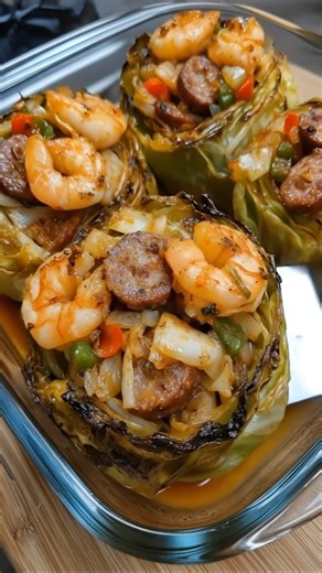 Garlic Shrimp & Sausage Cabbage Cups Tender roasted cabbage bowls stuffed with bold Cajun shrimp, smoky sausage, and sweet peppers. This low-carb comfort dish is hearty, flavorful, and totally unforgettable. 🧾 Ingredients For the Cabbage Cups: 2 small/medium green cabbage heads (or 4 large halves) 2 tbsp olive oil Salt & black pepper, to taste For the Filling: 1 lb shrimp, peeled & deveined 12 oz smoked sausage (Andouille or Kielbasa), sliced 1 red bell pepper, diced 1 green bell pepper, diced