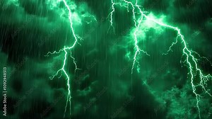 Green Lightning Storm: A dramatic shot of a green lightning strike amidst a heavy downpour, creating an eerie and electrifying atmosphere.