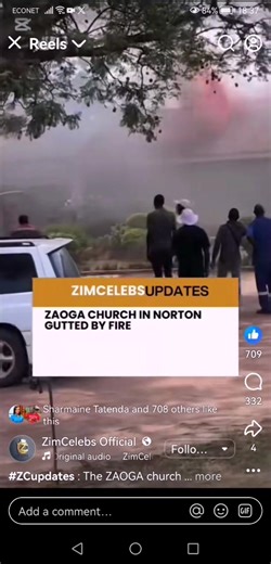 #ZCupdates : The ZAOGA church in Norton was engulfed in flames this afternoon. The local fire brigade quickly arrived on the scene and is currently battling the blaze to bring the fire under control. | Zaoga FIF ITC, Youth