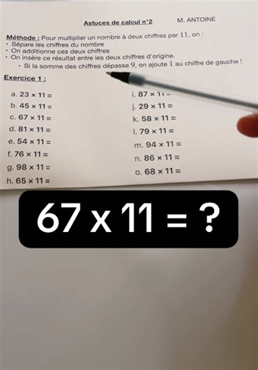 Astuce pour multiplier un nombre à deux chiffres par 11 ! #maths #prof #astuce #apprendresurtiktok #enseignant