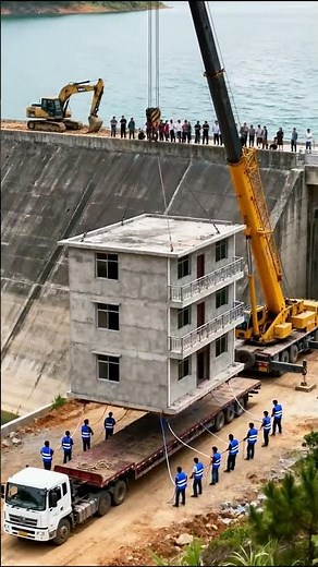 Hoisting process of the entire building onto a flatbed truck