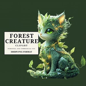 Forest Spirit Cat Clipart | Enchanted Nature Familiar PNG | Green Fantasy Creature Art | High-resolution 300 DPI Clipart for Creatives - Etsy