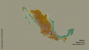 Baja California, state of Mexico, with its capital, localized, outlined and zoomed with informative overlays on a relief map in the Stereographic projection. Animation 3D