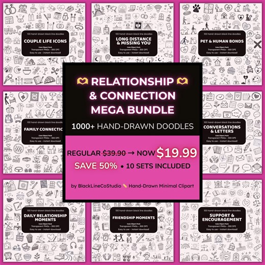 Relationship & Connection Doodle Clipart Mega Bundle | 1000  Hand-drawn Icons PNG | Love Family Friendship Clipart - Etsy