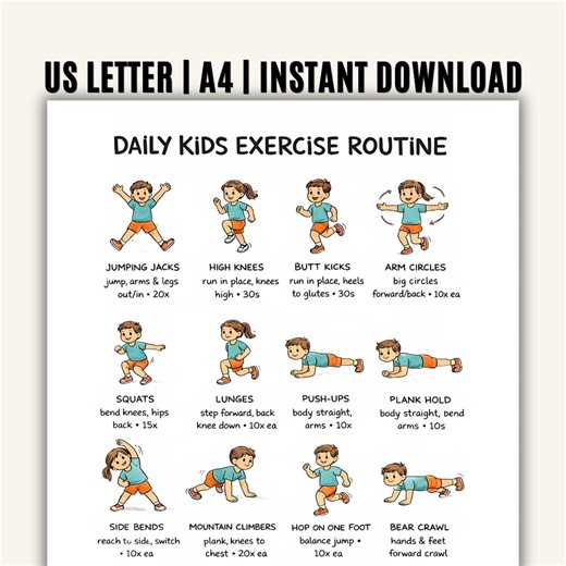 Daily Kids Exercise Routine Printable, Kids Workout Plan, Fun Home Fitness for Boys Girls, Montessori Movement Chart Homeschool PE Activity - Etsy