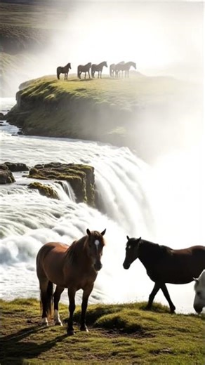 Misty air from waterfall touches the horse’s mane #nature #animals #horse #wildhorse #DreamScreenAI