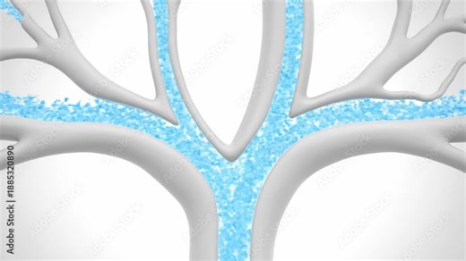 Dynamic visualization of blue particles flowing and merging within an intricate biological or technical network.