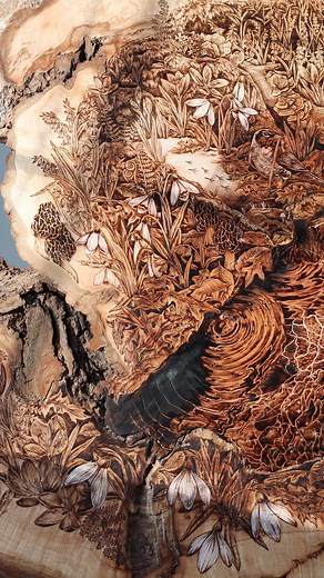 Hannah Veiga on Instagram: "The Slow Reveal, Pyrography on salvaged maple The first woodburning of my series "Coming Into Bloom" - and it's my birthday today so what better way to celebrate than share with you one of my favourite, most personal works yet 🌿🌷 Prints of The Slow Reveal will be available for 5 DAYS ONLY from April 26th - 30th, shipping worldwide through my website hannahveiga.com. The original will also be for sale once the rest of the series is complete ☀️ Mailing list will get t