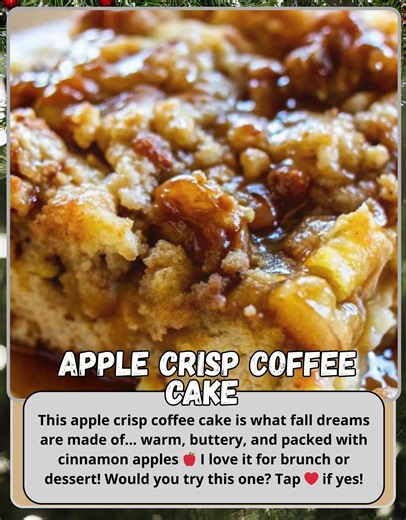 Apple Crisp Coffee Cake | Warm, Buttery & Loaded with Fall Flavor 🍎🍰 This one smells like a cozy autumn morning in the oven... sweet apples, buttery crumb topping, and a drizzle of cinnamon glaze. It’s half coffee cake, half apple crisp — and 100% comforting ❤️ Ingredients: For the cake: 2 cups all-purpose flour 2 tsp baking powder ½ tsp baking soda ½ tsp salt ½ cup unsalted butter, softened ¾ cup granulated sugar 2 large eggs 1 tsp vanilla extract 1 cup sour cream 1½ cups peeled, chopped appl