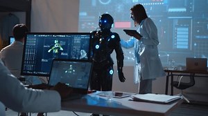 Cybernetic engineers conduct test experiments with innovative robot prototype in scientific research center. Robotic testing. Futuristic. Laboratory.