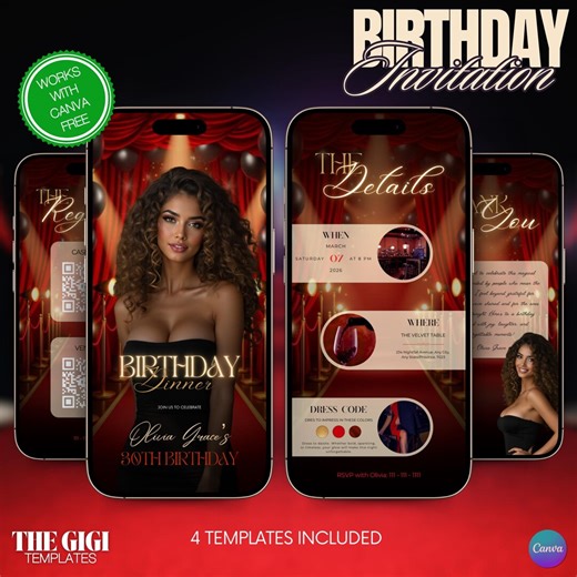 VIP Red Carpet Theme Birthday Party Invitation, Hollywood Birthday Dinner Evite, Luxury Black & Red Animated Ecard, Editable Canva Template - Etsy