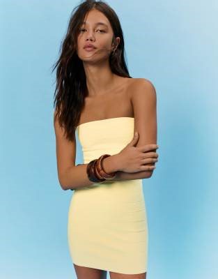 Bershka Mini bandeau dress in yellow | ASOS