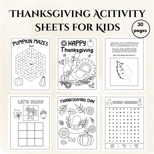 Printable Thanksgiving Activity Sheets for Kids, Fall Worksheets, Kids Thanksgiving Games, Holiday Coloring Pages, Instant Download - Etsy