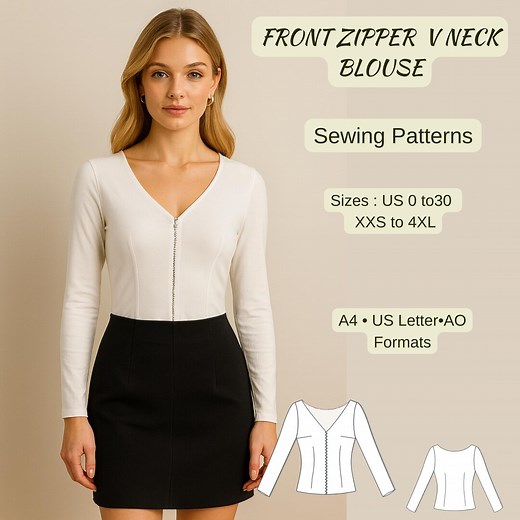 V Neck Zipper Blouse Sewing Pattern | Fitted Long Sleeve Top | Elegant Office or Casual Wear | Easy PDF Sewing Pattern for Women - Etsy