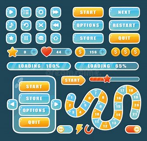 Cartoon Navigation App Menu Elements, Glossy Buttons To Play Video Game, Progress Bar, Arrow and Window Gui Design in Stock Illustration - Illustration of circle, round: 206654842