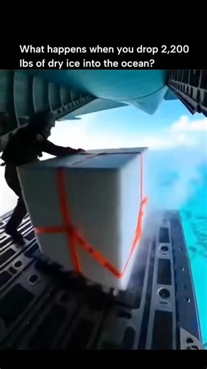 Curvico Explained on Instagram: "Instagram depicts a massive dry ice block dropped from an aircraft into turquoise ocean waters, generating an explosive fog plume via rapid CO2 sublimation, though multiple sources identify it as AI-generated for dramatic effect. Dry ice at -108°F sublimes instantly in water, releasing about 8.4 cubic feet of CO2 gas per pound—yielding roughly 553,000 quarts from 2,200 pounds, not the post's overstated 8.98 million quarts, per standard thermodynamic calculations.