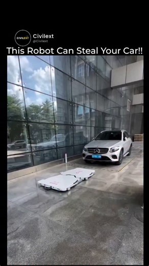 civilext on Instagram: "It doesn’t break in. It doesn’t start the engine. It just lifts and leaves. This futuristic parking robot from China can lift up to 15 metric tons and move a car in seconds. Designed as a robotic valet for smart parking garages, it helps stack vehicles efficiently and remove illegally parked cars in crowded cities. But the same technology raises concerns, because in the wrong hands, it could be misused for silent, high-tech car theft. By the time you notice, the vehicle c