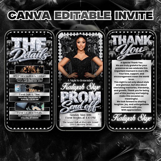 Prom Send off Digital Invitation, Prom Send off Animated Invitation: Black and Silver, ,editable Prom Flyer Template, Prom Queen Animated - Etsy