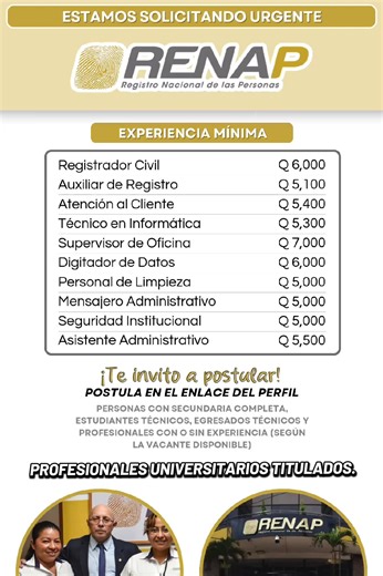 Nuevas ofertas de empleo en Renap de Guatemala
