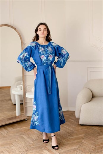 Ukrainian Linen Maxi Dress, Embroidered Vyshyvanka Folk Outfit With Belt. - Etsy