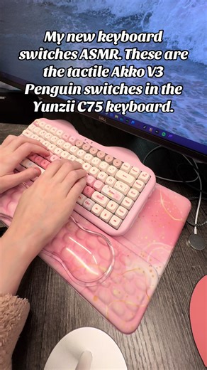 I made the swap late last night and I didn't finish until 12am. But I was determined to have my keyboard ready to go for today. These are the tactile Akko V3 Penguin switches on the Yunzii C75 keyboard. The stock switches had been the Candy Linear switches and I just could not get used to the feeling of the linear switches. These new switches feel a bit better with a little bump that has helped improve my accuracy when typing. They are about as loud as a whisper compared to the stock linear swit