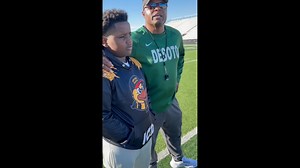 A moment bigger than football. 🏈💛💚 This week, DeSoto ISD welcomed 12-year-old Karon Sparks, who traveled all the way from Minnesota to meet his hero, DeSoto Eagle Football standout and USC commit Boobie Feaster. Karon, joined by his grandmother and younger brother, met Boobie for the first time on the DeSoto High School football field in an emotional moment filled with gratitude, inspiration and pure joy. As one of Feaster’s biggest fans, Karon shared that he’ll be cheering on the Eagles at t