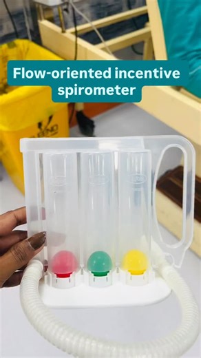 Himanshi on Instagram: "A flow-oriented incentive spirometer is a breathing exercise device that visually encourages slow, deep inhalations, using chambers with balls or indicators to show airflow (flow), requiring more upper chest muscle effort than volume devices, and is used post-surgery or for lung health to prevent complications by keeping airways open and improving lung capacity. How it works Goal: To achieve a slow, deep breath, raising the piston and keeping the flow indicator (ball) in