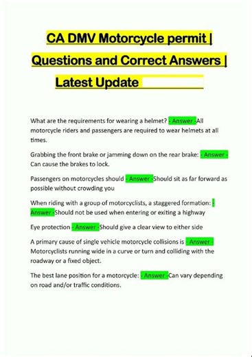 Latest CA DMV Motorcycle permit Questions and Correct Answers Latest Update 45 video