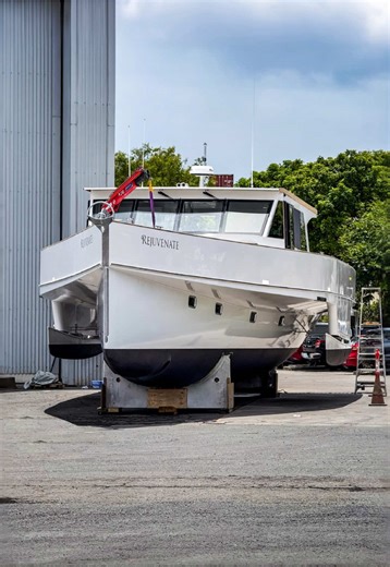 Peter Brady of Pathfinder Power Cats, one of our local boat builders in the Hemmant marine precinct, has launched a world-first project from The Yard Brisbane, aligned with his environmentally focused “3R’s” philosophy: Recycle, Refurbish and Reinvent. The venture has transformed a former IACC America’s Cup yacht – AUS40, previously used as a Sydney Harbour charter boat – into a 57-ft power trimaran designed for long-range cruising, and has been built to be fully operable from a wheelchair. Pete