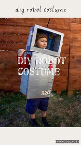 Angie / DIYs & Crafts for Home & Family on Instagram: "Last minute costume idea: DIY ROBOT COSTUME 🤖 Use two boxes and a bit of duct tape to transform your child into an awesome robot without breaking the bank! Here’s how to create a robot costume they’ll love: * Start with two cardboard boxes of different sizes, one for the body and one for the head. * Measure your child’s head and cut a hole at the top of the larger box for a comfortable fit. * Add arm holes near the top of the box and cut ou