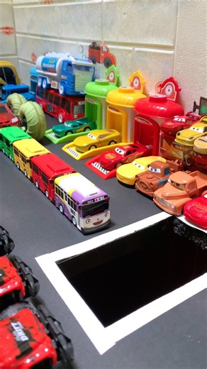 The Group of Adorable Little Tayo bus pushed by The Red Monster Wheels into hole #toys #tayo #shorts