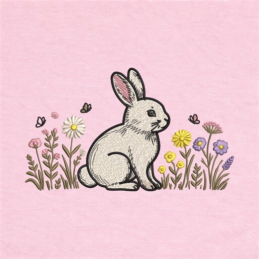 Rabbit Embroidery Design Wildflower Bunny Spring Nature Animal Machine Pattern Shirt Art - Etsy