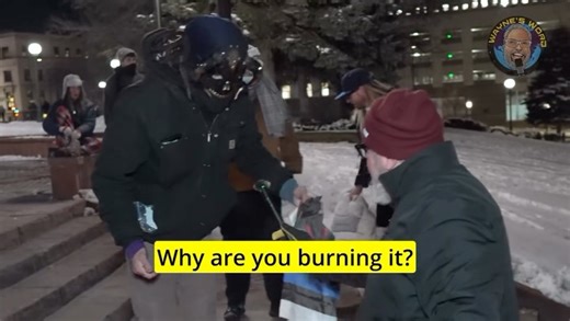 Wayne’s Word on Instagram: "Leftist anti-ICE protester FAILS to burn 🇺🇸 dedicated to firefighters, police and military in Denver, CO. #reneegood #minneapolis #minnesota #kristinoem"