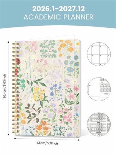 1 caiet planificator săptămânal/lunar pentru anul academic 2026-2027, ianuarie 2026 - decembrie 2027, format A5, caiet planificator lunar cu funcție de luare de notițe, husă impermeabilă, jurnal personal, rechizite de birou și studiu | SHEIN